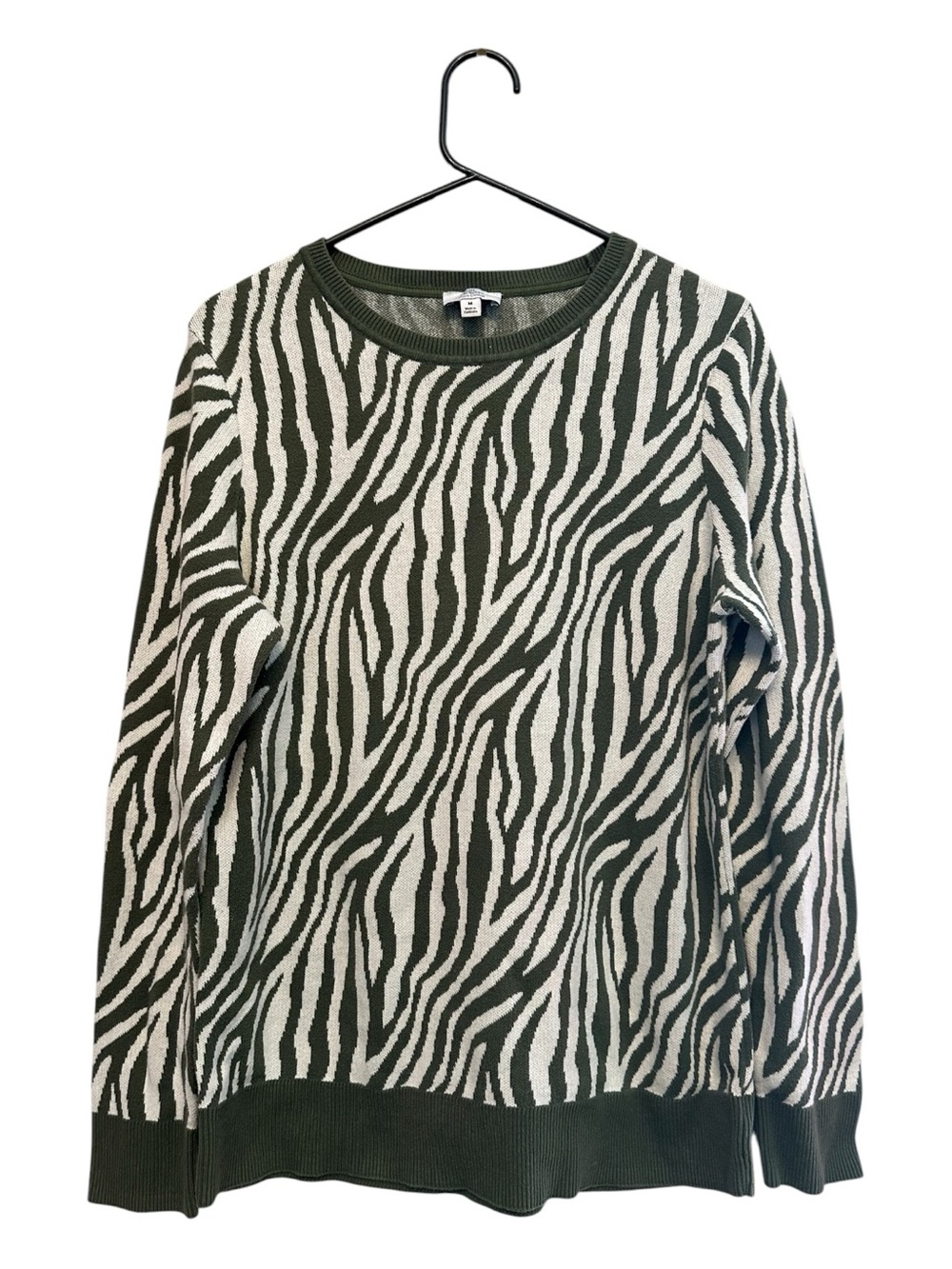 Vintage Y2K Kim Rogers Zebra-Print Crewneck Sweater in Green and Cream Medium